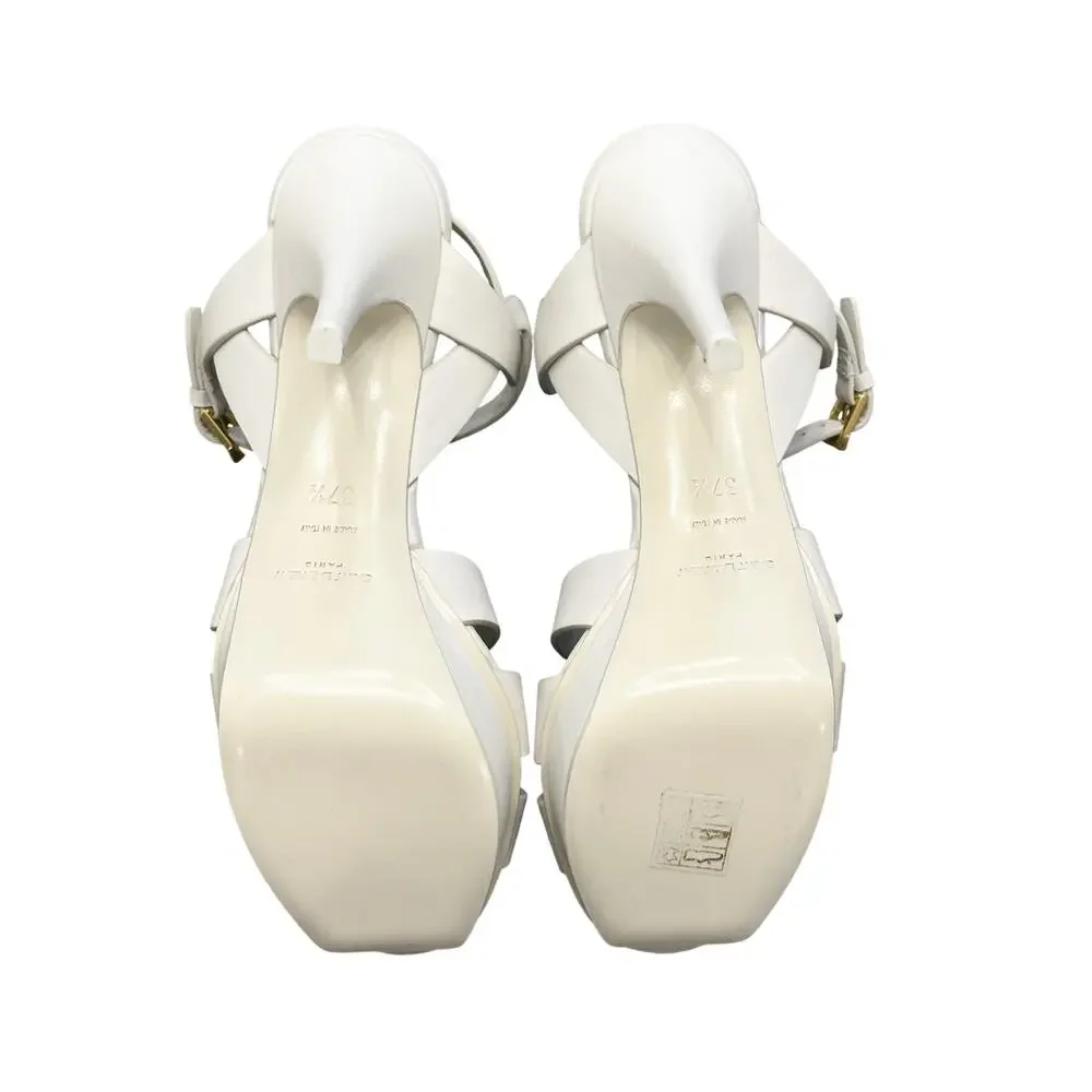 SAINT LAURENT Tribute 75 White Calfskin Platform Heels Sandals Size 37.5 NEW
